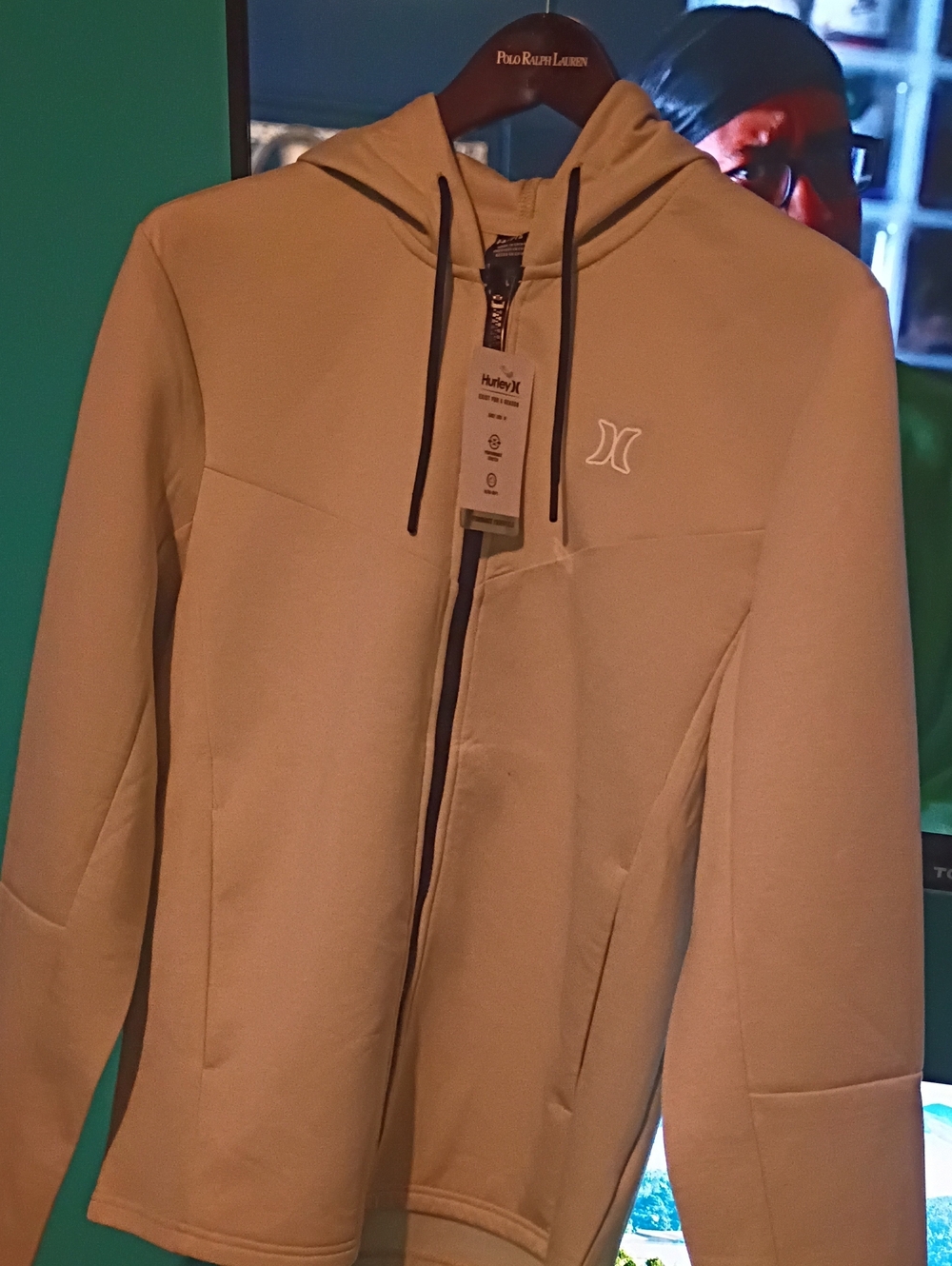 Hurley Tan Zip Hoodie with White Logo and Black Drawstrings